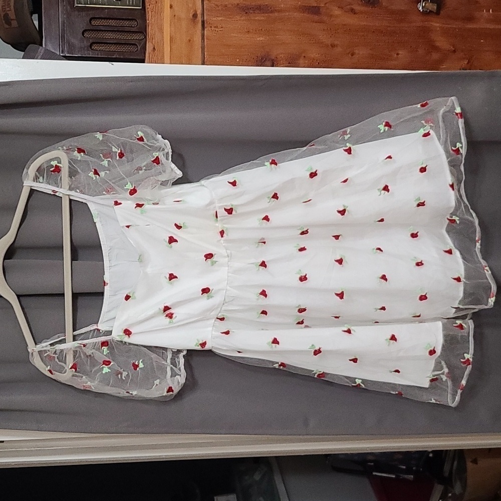 Shein Womens Dress White W/Red Embroidered Floral Sheer Overlay Sleeves Sz L EUC
